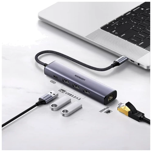Адаптер Ugreen Adapter CM475 USB-C to USB-C+3xUSB3.0+RJ45 Gray (20932): Интерфейс подключения USB-C