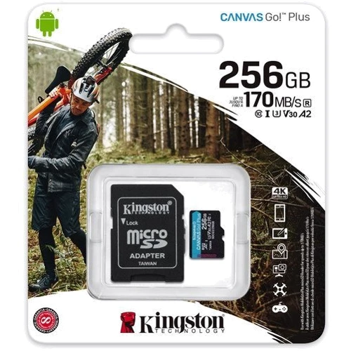 Карта памяти Kingston 256GB microSDXC Class 10 UHS-I U3 V30 A2 Canvas Go Plus + adapter (SDCG3/256GB): Объем 256 ГБ