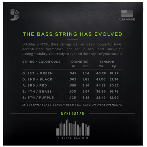 Струна для гитар Струны D`ADDARIO NYXL45125 LT TOP/MED BTM 5 STRING 45-125: Тип Комплект струн