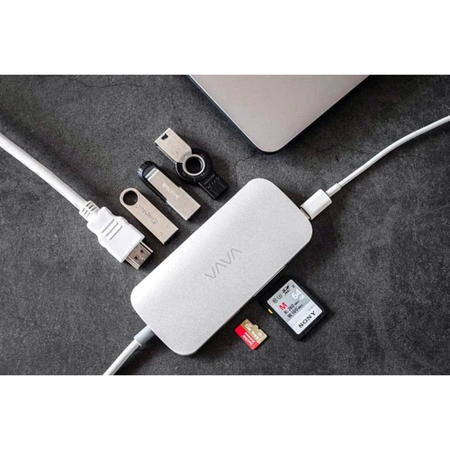 Адаптер VAVA Adapter USB-C to 3xUSB+USB-C+RJ45+micro SD+SD+HDMI 100W Silver (VA-UC006): Цвет серебристый