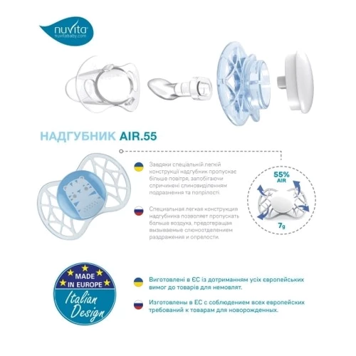 Пустышка Nuvita 7066 Air55 Explorer ортодонтическая 0m+ 2 шт (NV7066F): Возраст с рождения