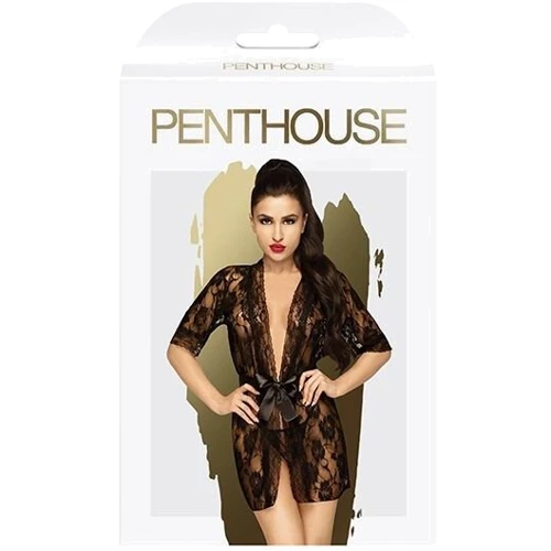Комплект пеньюар с декором в виде роз и стрингами Penthouse - Sweet Retreat Black S/L