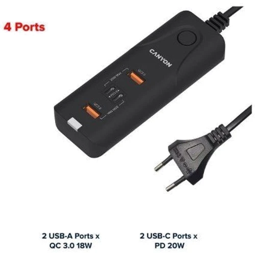 Зарядное устройство Canyon Wall Charger 2xUSB+2xUSB-C H-10 40W Black (CNE-CHA10B): Кабель в комплекте отсутствует