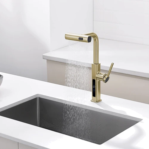 Смеситель для кухни Lefton Waterfall & Pull-Out Kitchen Faucet with Temperature Display-KF2209 Brushed Gold фото 11