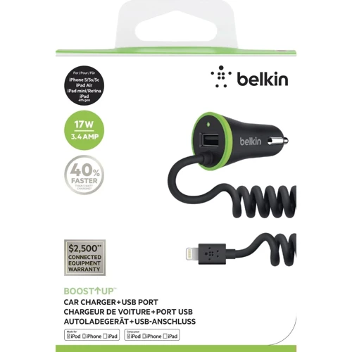 Зарядное устройство Belkin USB Car Charger BoostUp USB 3.4A with Lightning Cable Black (F8J154bt04-BLK): Кабель в комплекте Lightning