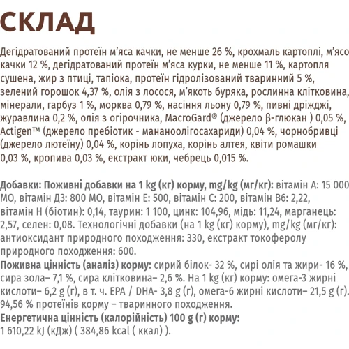 Сухой корм Optimeal Adult Dogs Grain Free для собак всех пород с уткой и овощами 1.5 кг (4820083905872): Свойства Для собак с диабетом, Основное питание, Гипоаллергенный