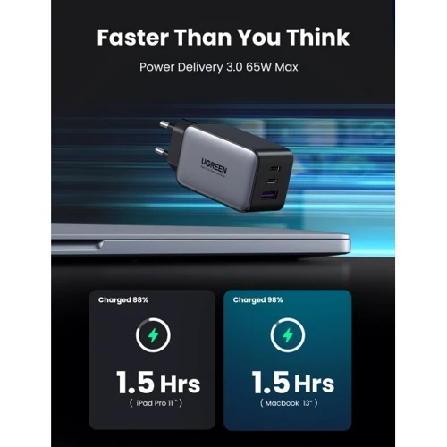 Зарядний пристрій Ugreen Wall Charger 2xUSB-C+USB CD244 65W Gray (10335): Тип сетевое