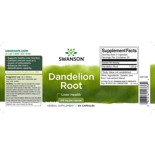 Swanson Dandelion Root 515 mg Одуванчик корень 60 капсул: Форма выпуска Капсулы