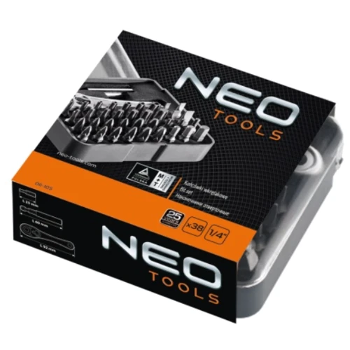 Биты Neo Tools набор 38шт 1/4" битодержатель трещотка SL,PH,PZ,H,T,TT 25мм сталь S2 кейс: Назначение набора универсальный