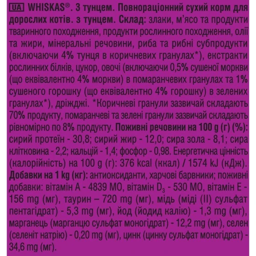 Сухой корм для кошек Whiskas с тунцом 800 г (5900951305269): Порода Все породы