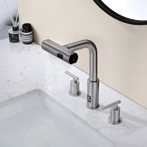 Смеситель для раковины Lefton Two-Handle Widespread Waterfall & Pull-Out Bathroom Faucet with Temperature Display-BFWS2401 Brushed Nickel: Материал Латунь