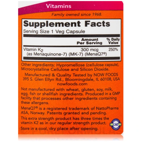 NOW Foods MK-7 Vitamin K-2 Extra Strength 300 mcg Витамин K-2 60 веганcких капсул: Тип Витамин K