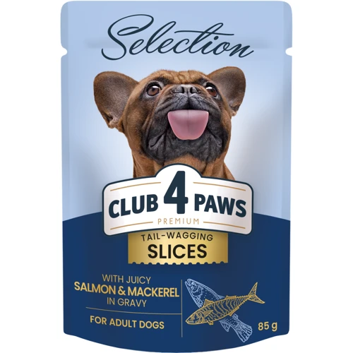 Вологий корм Club 4 Paws Selection Slices Dog Salmon & Mackerel in Gravy слайси в соусі з лососем і макрелью для собак малих порід 12х85 г (4820215368056)