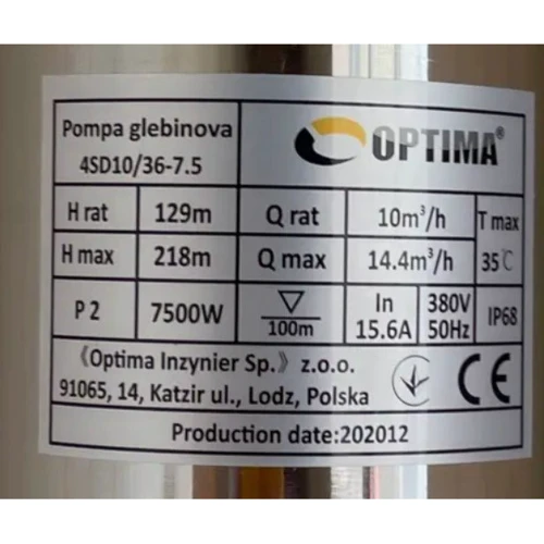Насос скважинный OPTIMA 4SD10/36 7,5 кВт 218м 3-х фазный: Мощность, кВт 7.5