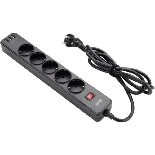 Сетевой фильтр 2E 5XSchuko, 3G*1.5мм, 3*USB-A, 2м, black (2E-SP515M2USBBK)