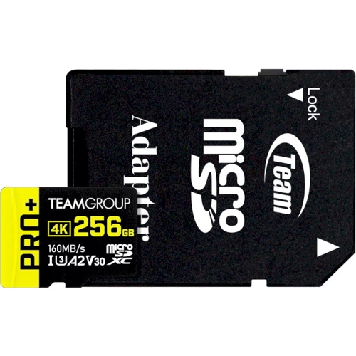 Карта памяти Team 256GB microSDXC UHS-I U3 A2 V30 PRO+ + adapter (TPPMSDX256GIA2V3003)