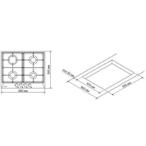 Варочная поверхность газовая Pyramida PFE 644 S BLACK: Расположение панели Фронтальное