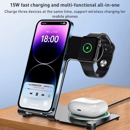 Зарядное устройство WIWU Wireless Charger Power Air 3 in 1 Wi-W005 15W Black for Apple iPhone, Apple Watch and Apple AirPods: Кабель в комплекте USB-C
