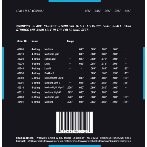 Струна для гитар Комплект струн WARWICK 40311 Black Label Medium 5-String High C (25-105): Тип Комплект струн