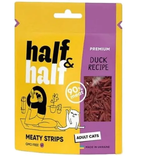 Ласощі для кішок Half & Half у формі м'ясних смужок з качкою 50 г (4823082431847)