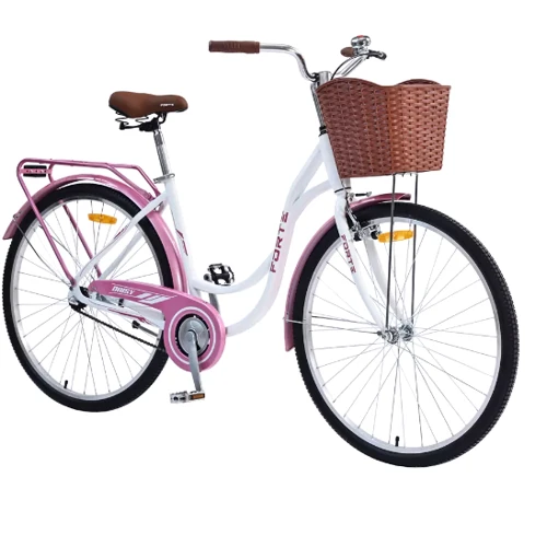 Велосипед Forte DAISY сталь.рама 19" колеса 28" Белый (бело-розовый + корзинка пласт. коричн.) (128223)