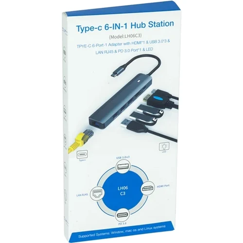 Адаптер Blueendless Adapter USB-C to HDMI+RJ45+3xUSB3.0+PD (CA913909): Дополнительные разъемы USB-C, USB 3.0, Ethernet, HDMI