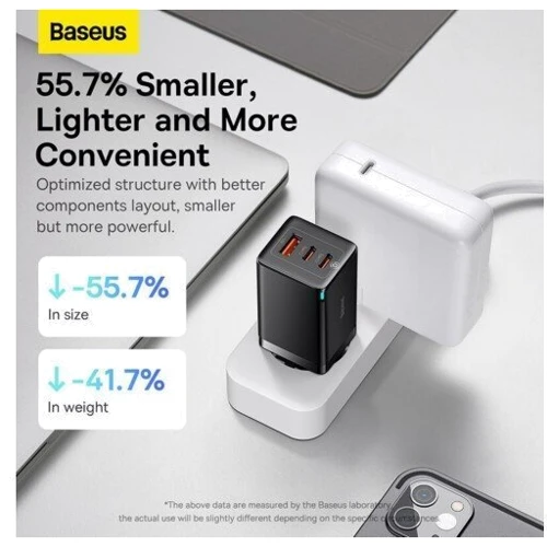 Зарядное устройство Baseus Wall Charger GaN5 Pro 2xUSB-C+USB 65W with USB-C Cable Black (CCGP120201) фото 11