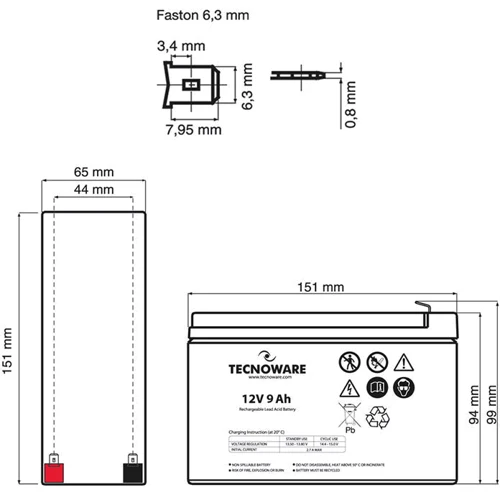 Акумуляторна батарея TECNOWARE 12V-9Ah (EACPE12V09ATWP): Ємність, Ач 9