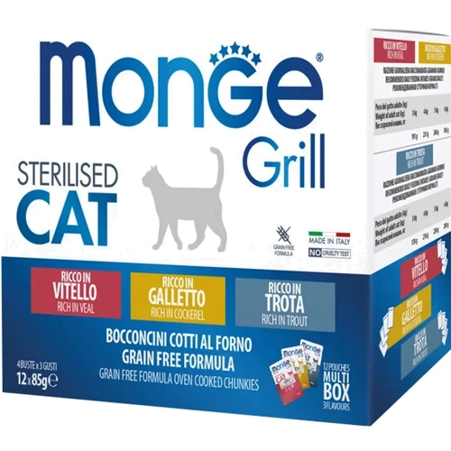 Набор влажного корма MONGE CAT GRILL MIX для стерилизованных кошек, с петушком, форелью, телятиной, 12×100 г (8009470017527)