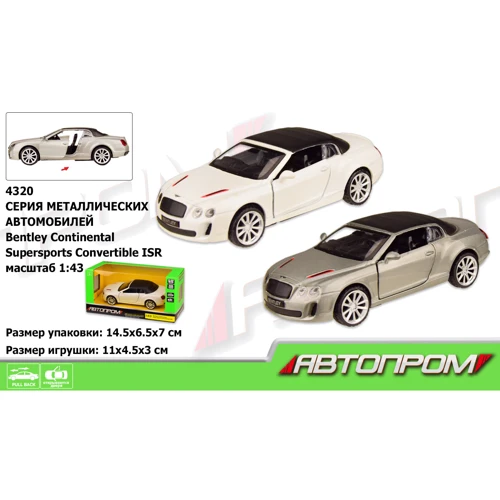 Машина метал 4320 АВТОПРОМ, 1:43 BENTLEY, 2 кольори, откр.двері, 14,5x6,5x7см: Виробник АВТОПРОМ