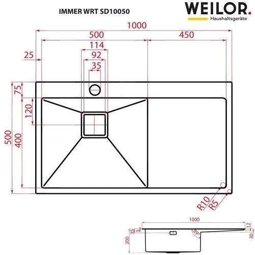 Weilor IMMER WRT SD10050: Отверстие под смеситель Нет