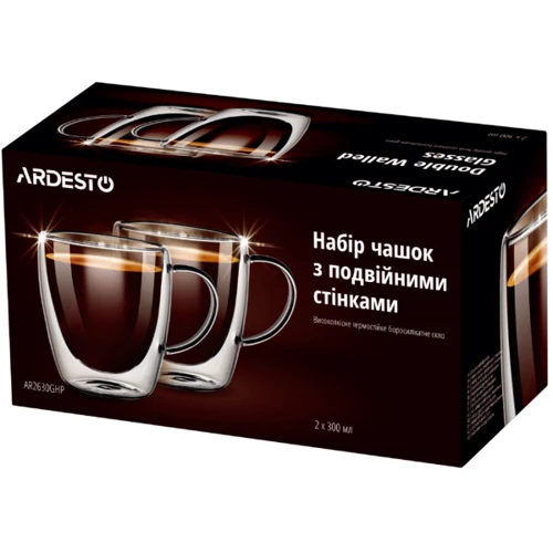 Набор чашек Ardesto с двойной стенкой 2х300 мл (AR2630GHP): Форма цилиндр