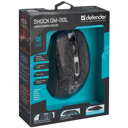 Мышь Defender Shock GM-110L Black (52110): Эргономика симметричная для левшей
