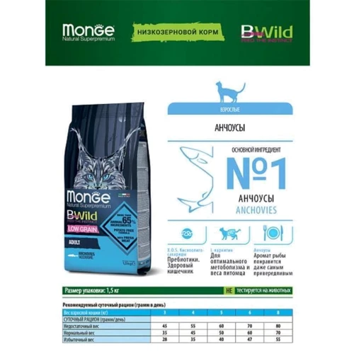 Сухой корм низкозерновой Monge Cat Bwild Low Grain Anchovies Adult Cat с анчоусами 1.5 кг (70012010): Вес упаковки 1.5 кг