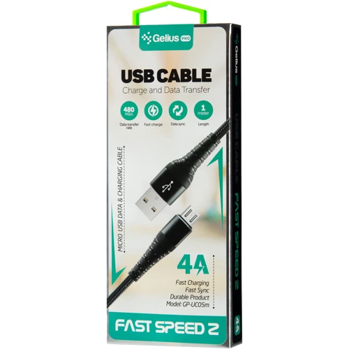 Кабель Gelius USB Cable to microUSB Pro Fast Speed 2 1m Black (GP-UC05m): Длина 1 м