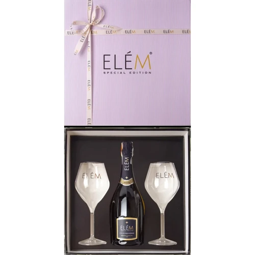 Вино игристое Elem Prosecco DOCG Valdobbiadene Superior белое брют 0.75 л + 2 бокала, подарочный набор (BWR6527)