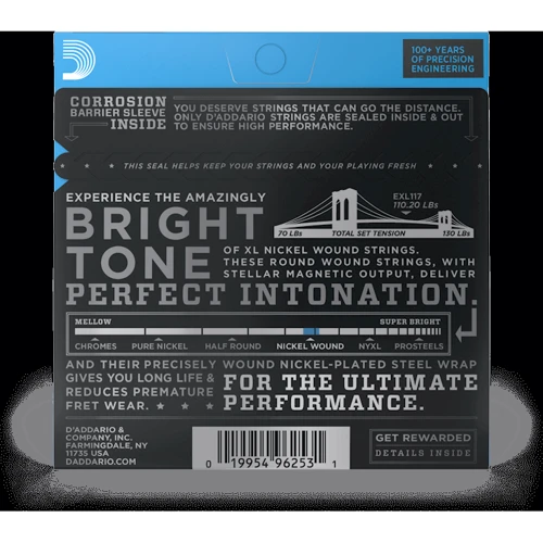 Струна для гитар Струны для электрогитар D'ADDARIO EXL117 XL NICKEL WOUND MEDIUM TOP/EXTRA HEAVY BOTTOM (11-56): Назначение Для электрогитары