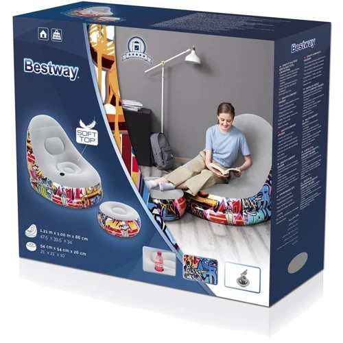 Надувное кресло Велюр кресло Bestway 75076 граффити 121-100-86 см подстаканник: Материал ПВХ с велюровым покрытием