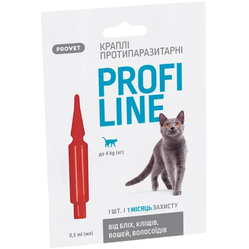 Краплі на холку ProVET Profiline для котів до 4 кг 1 піпетка 0.5 мл (4823082431137)