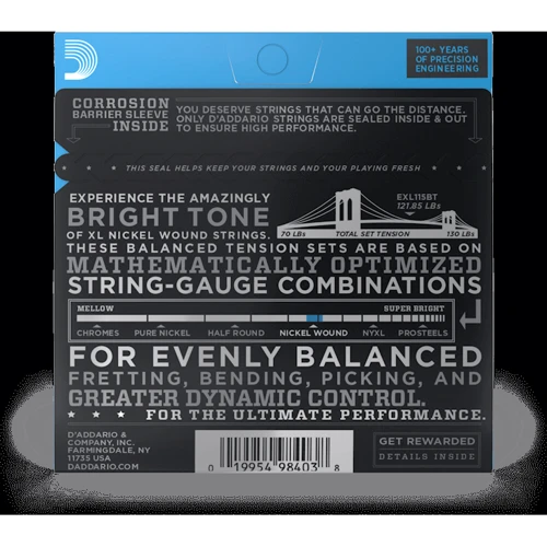 Струна для гитар Струны D'ADDARIO EXL115BT XL NICKEL WOUND BALANCED TENSION, MEDIUM (11-50): Назначение Для электрогитары