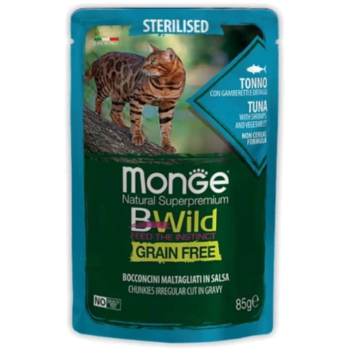 Вологий корм беззерновий Monge BWild Grain Free Wet Tuna з Shrimp Sterilized Adult Cat тунець з креветками та овочами 85 г (70012799)