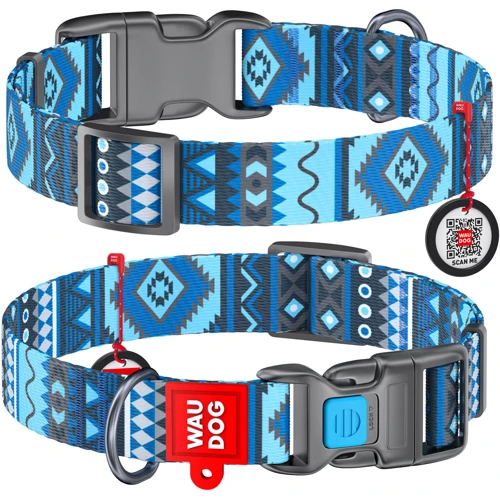 Ошейник WAUDOG Nylon с QR-паспортом, рисунок "Этно синий" 25 мм 31-49 см синий (4584)