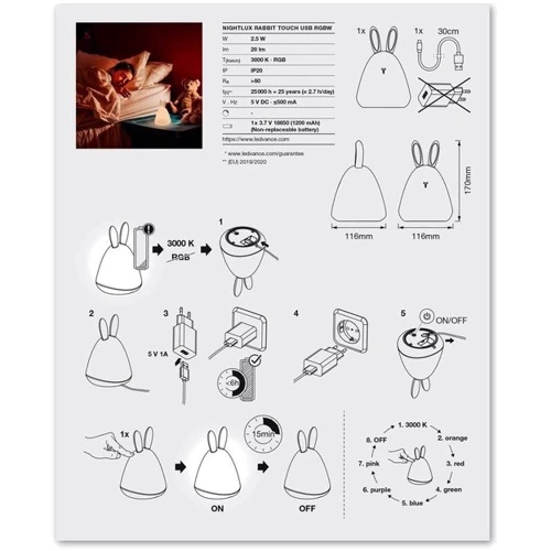 Ночной светильник LEDVANCE NIGHTLUX TOUCH LED 2,5W Rabbit, micro-USB, RGBW: Направленность света Общее освещение