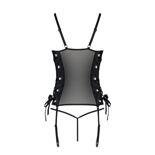 Сетчатый корсет из эко-кожи, с люверсами и съемными пажами Passion Malwia Corset black S/M (стринги в комплекте)