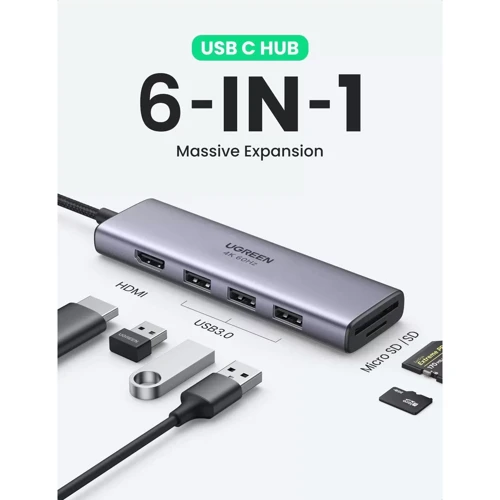 Адаптер Ugreen Adapter CM511 USB-C to 3xUSB 3.0+HDMI+SD Space Gray (60383): Цвет серый