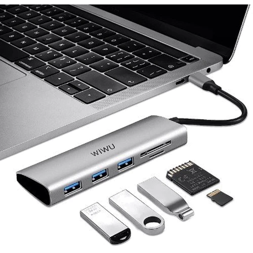 Адаптер WIWU Adapter Alpha 532ST USB-C to USB-C+3xUSB3.0+SD Grey: Цвет серый