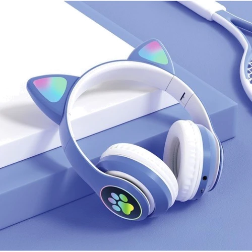 Беспроводные HeadSet LED наушники с кошачьими ушками STN-28 синие  фото 3