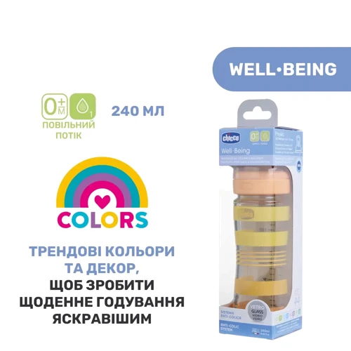 Бутылочка для кормления стеклянная Chicco Well-Being Colors, с силиконовой соской 0м+, 240 мл, оранжевая (28721.31): Материал стекло