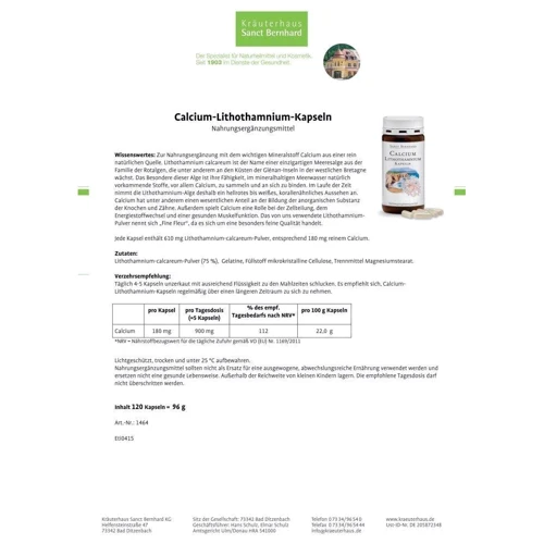 Sanct Bernhard Calcium Lithothamnium Кальцій із водоростей 180 mg 120 капсул: Тип кальцій