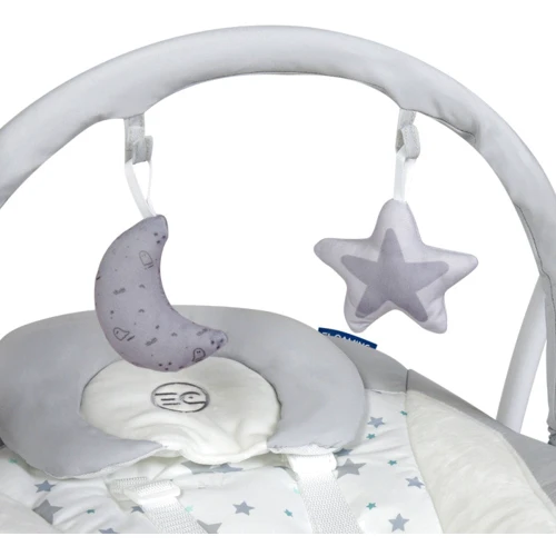 Качели El Camino Airy ME 1047 (stars grey): Дополнительные удобства регулируемая спинка, блок с музыкой, пульт ду, дуга с игрушками, контроль скорости движения, звуково